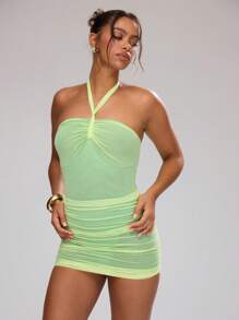 MUSERA Kontrast Mesh Urlaubs-Halter Bodysuit, sexy Club Frühling Sommer Urlaub