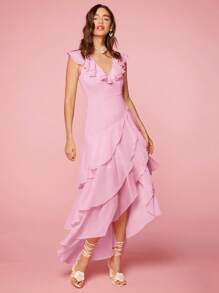 Enchnt 女士 Masson 連身裙純色 V領 荷葉邊 時尚夏季休閒裝 - 粉色 - 查看 3