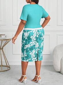 Fleurora فستان كبير الحجم للمرأة، بطبعة زهور، وأكمام قصيرة، مناسب للخريج، بتصميم نحيف، ملابس المعلم، فستان المعلم، مناسب للاستخدام على مدار فصول السنة