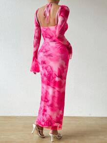 Chiquease Robe imprimée à manches longues avec col en V et lien dans le dos pour femmes, décontractée et parfaite pour les vacances