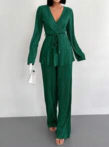 EURMUSE Conjunto De Dos Piezas Para Mujer: Top Con Mangas Acampanadas Y Cinturón Y Pantalones - Verde Oscuro - Ver 5