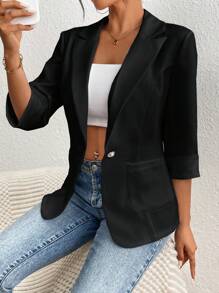 Franclia Spring/Summer Casual Business Solid Color Black Blazer - Black - View 5