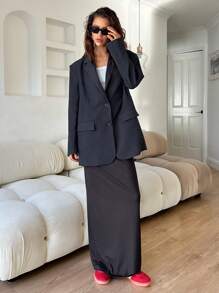 Aloruh Simple Work Suit Jacket With Dark Grey Notched Collar - Grey - View 6
