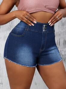 Slaydiva Plus Size Women's Plain Simple Denim Shorts, Casual - Dark Wash - View 4
