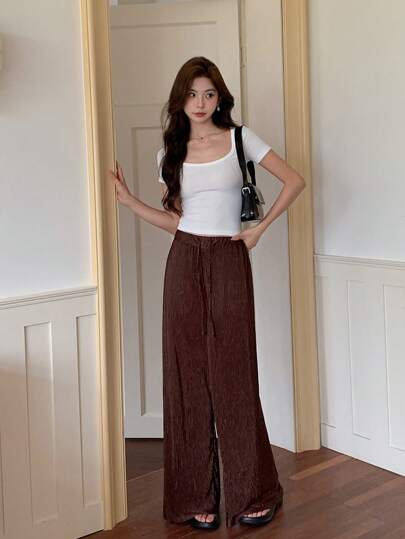 EastFlair Pantalones de cintura elástica sólida para mujer