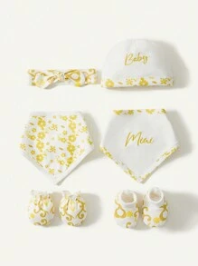 6pcs Newborn Baby Gift Set, Including Cotton Bib, Hat, Hair Accessories