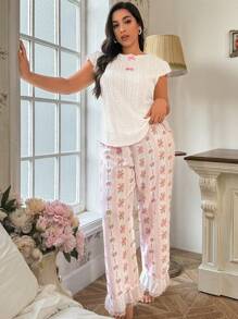 CottageSlumber Cổ chữ V hở lưng ngắn tay Ditsy Quần dài hoa Jacquard Plus Size Bộ đồ ngủ Bộ Pyjama Set Bộ màu trắng - trắng - Xem 4