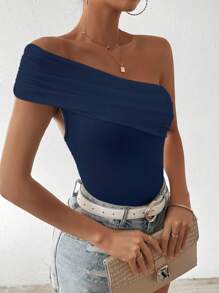 SHEIN LUNE Summer Casual Slim-Fit Solid Color Oblique Shoulder T-Shirt - Navy Blue - View 5