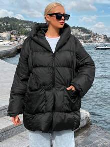 EURMUSE Zip Up Hooded Puffer Coat - Black - View 4