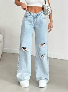 RueChic WIDE LEG DESTOYED LOW WAIST BLUE JEAN - Medium Wash - View 6