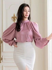 DAZY Áo sơ mi dài tay hở vai cổ đứng màu trơn thanh lịch dành cho nữ, Quần áo mùa thu cho nữ - Hồng - Xem 8