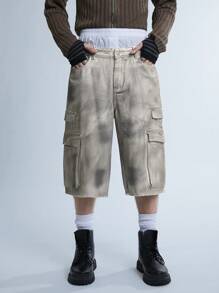 Manfinity Denimwave Y2K Retro Streetwear Men's Vintage Workwear Baggy Denim Shorts With Dirty And Worn-Out Look, JORTS