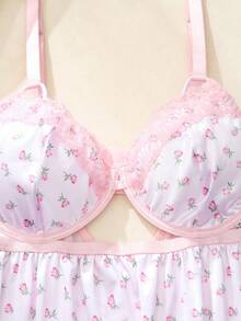 SHEIN مجموعة دعامة صدر مثيرة للنساء بحجم زائد مع طباعة عشوائية - وردي - مشاهدة 4