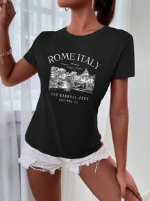 INAWLY Áo phông Ý Skyline dành cho nữ, có logo Rome, áo phông cổ tròn tay ngắn thường ngày ROME ITALY THÀNH PHỐ VĨNH CỬU EST 753 BC Áo phông họa tiết dành cho nữ - màu đen - Xem 4