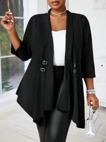 SHEIN Lady 大码黑色开衫，中长袖和金属扣，不对称下摆女士外套秋季女士服装秋季服装外出服装冬季