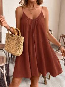SHEIN Frenchy Linen Holiday Loose Dress Casual Solid Color Spaghetti Strap Dress, Suitable For Summer Comfortable And Breathable To Wear Comfortable - Brown - View 1