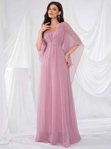 UNITHORSE 褶皱紧身胸衣刺绣和珠饰点缀 A 字形礼服，深 V 领前后伴娘礼服 - 粉色 - 查看 4