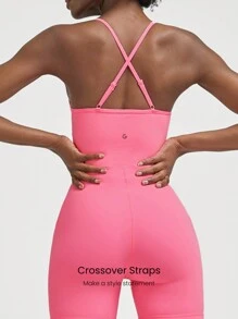 SHEIN GLOWMODE X Marika Sila 6英寸FeatherFit™腹部控制可調式肩帶運動連身褲,低衝擊瑜珈日常夏季 - 熱帶粉紅色 - 查看 4