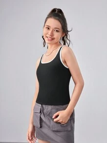 SHEIN Teen Girl Knitted Color Block Tight Tank Top With Square Neckline - Black and White - View 1