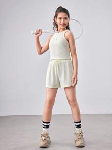 SHEIN Teen Girl Knitted Solid Color Tag Woven Vest With Pocket And Drawstring Shorts Casual Two Pieces Set