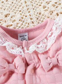 Baby Girl Pink Solid Color Long Sleeve Cardigan With Lace Trim, Bow, Textured Fabric And Coordinated Bib & Hand Mittens, Loungewear Set