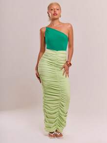 MUSERA Contrast Asymmetric Ruched Holiday Maxi Dress Spring Sexy Cute Summer - Multicolor - View 1