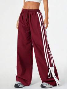 Coolane Women's Velvet Back To School Palazzo Drawstring Side Stripes Fashionable Edge Collision And Bow Ties Pants