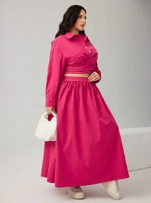 SHEIN Essnce Women Plus Size Rose Red Fashion Casual Two Pieces Set Two Pieces Outfits Two Pieces Set Plus Pink Two Pieces - Hot Pink - View 12