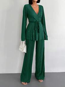 EURMUSE Conjunto De Dos Piezas Para Mujer: Top Con Mangas Acampanadas Y Cinturón Y Pantalones - Verde Oscuro - Ver 3