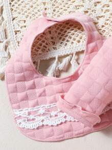 Baby Girl Pink Solid Color Long Sleeve Cardigan With Lace Trim, Bow, Textured Fabric And Coordinated Bib & Hand Mittens, Loungewear Set