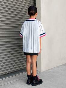 SHEIN Tween Girl Cool Street Style Woven Stripe Short Sleeve Shirt For Spring/Summer