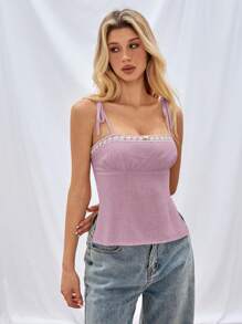 SHEIN EZwear Linen Sweetheart Tie Back Camisole Top - Purple - View 5
