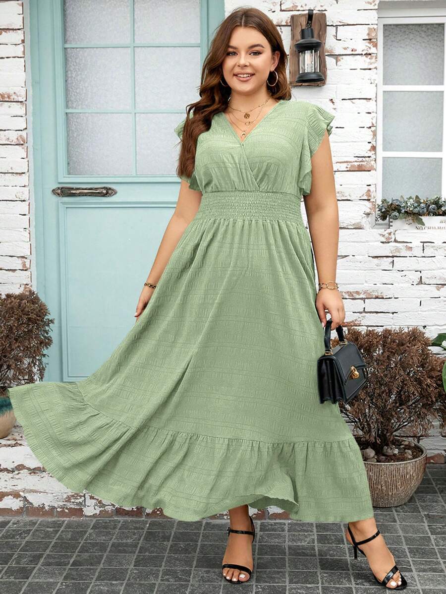 SHEIN Clasi Plus Solid Shirred Butterfly Sleeve Ruffle Hem Dress - Mint Green - View 1