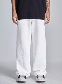 Manfinity VCAY Men's Solid Color Drawstring Embroidered English Logo Straight Leg Sweatpants - White - View 3