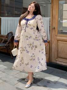 Dazy Petite Plus Plus Size Women's Round Neck Long Sleeve Lace Spliced Butterfly Allover Print Dress, Casual & Vacation,Ruffle,Fall Dress - Multicolor - View 8