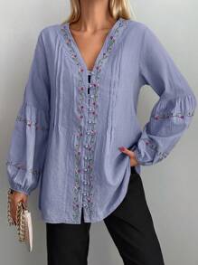 SHEIN Cottnline 花朵刺繡燈籠袖襯衫 - 紫色 - 查看 3