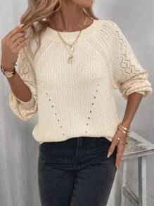 SHEIN LUNE Suéter hueco de manga raglán de punto unicolor para primavera y otoño de estilo casual