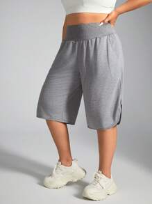 SHEIN Daily&Casual Plus Lightweight Slant Pockets Curved Hem Sports Shorts - Light Grey - View 4