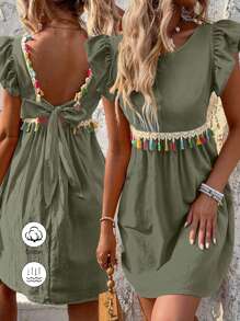 Breezaya Váy trang trí tua rua đơn giản hàng ngày cho nữ - màu xanh lá - Xem 1