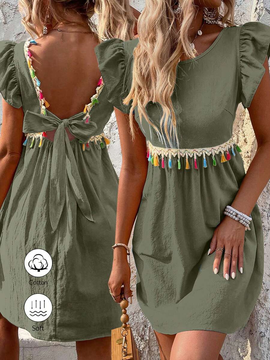 Breezaya Váy trang trí tua rua đơn giản hàng ngày cho nữ - màu xanh lá - Xem 1