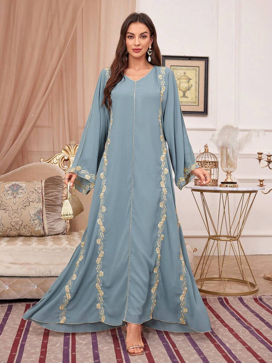 优雅花卉刺绣朴素长袖女式连衣裙，春夏 - 藍色 - 查看 1