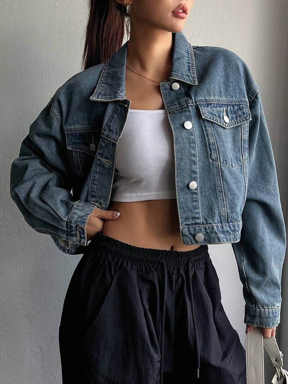 Solid Color Front Button Denim Jacket With Pockets, Casual Long Sleeves,Back To School Clothes