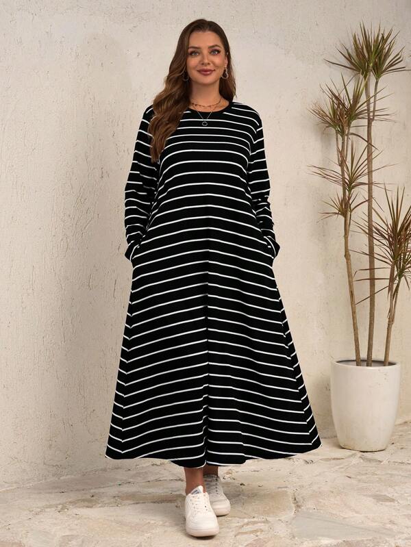EMERY ROSE Women's Plus Size Long Sleeve Striped Long Dress With Pockets