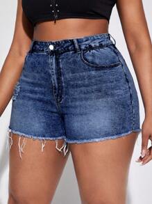 SHEIN SXY Plus Size Frayed Edge Casual Summer Denim Shorts - Blue - View 3