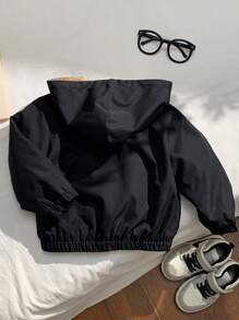 SHEIN Baby Boy Black Contrast Color Thicken Thermal Lined Letter Pattern Hooded Jacket, Winter