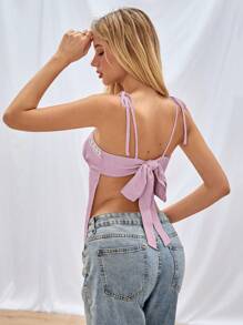 SHEIN EZwear Linen Sweetheart Tie Back Camisole Top - Purple - View 2