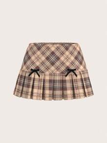 Sweetina Low-Waist Plaid Schoolgirl Style Bowknot Skirt