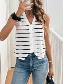 SHEIN Frenchy Frenchy Style Women's V-Neck Striped Knitted Tank Top With Front Button Closure, Ladies Colorblock Striped & Printed Tank Tops, Corset Tank Tops, Back To School, Teacher, American Tank Tops, Old Money Style, Teacher Tank Tops, 70s Tank Tops Summer Casual - Black and White - View 5