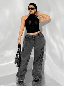 SHEIN ICON Plus Size Mesh See-Through Halter Neck Tank Top - Black - View 3