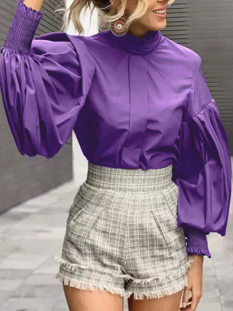 Chiquease Blusa morada de manga larga con cuello alto para mujer en otoño - Morado - Ver 1